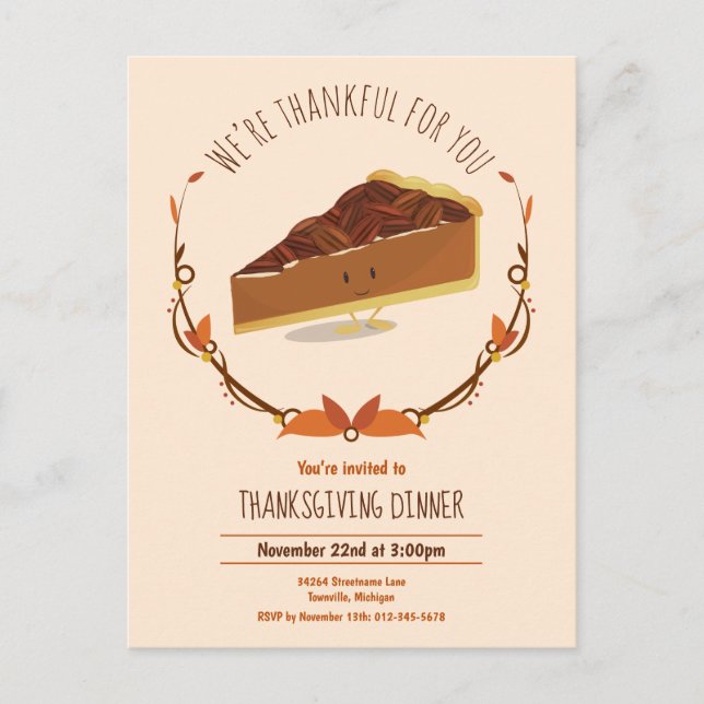 Invitation Carte Postale Thanksgiving Holiday Smiling Pecan Pie Tan Brown (Devant)