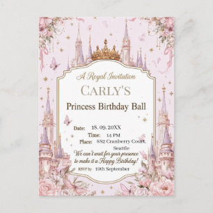 Invitation Carte Postale Thème Château de Princesse Bal d'Anniversaire Roya