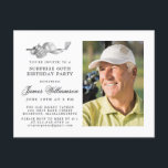 Invitation Carte Postale Thème de golf 60ème SURPRISE Anniversaire Photo<br><div class="desc">Elégante invitation d'anniversaire en noir et blanc pour un golfeur. Le top de l'invitation est décoré d'accessoires de golf - un club de golf, balle de golf, casquette et gants. L'aquarelle crée une esthétique traditionnelle et classique. Parfait pour un bain d'anniversaire au club ou un jardin barbecue. Tout le texte...</div>