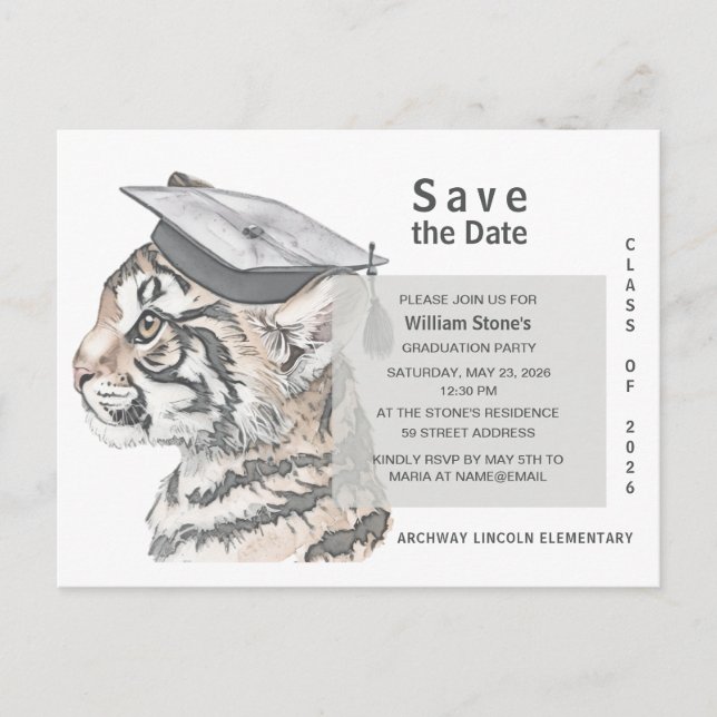 Invitation Carte Postale Tiger Grad | Graduation Save the Date Card (Devant)