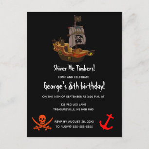 Invitation Carte Postale Timbres Shiver Me modifiables Pirate Anniversaire
