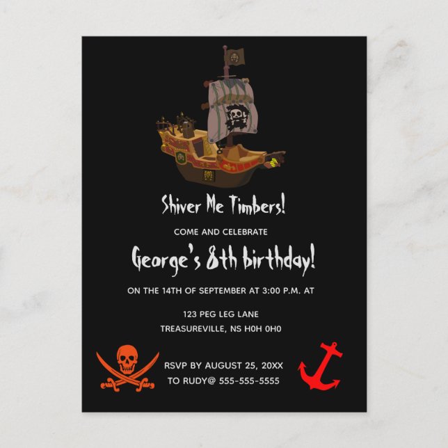 Invitation Carte Postale Timbres Shiver Me modifiables Pirate Anniversaire (Devant)