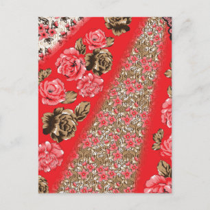 Invitation Carte Postale Tissu rouge éclatant avec floral complexe et