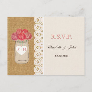 Invitation Carte Postale toile de jute, roses de corail dans le pot de
