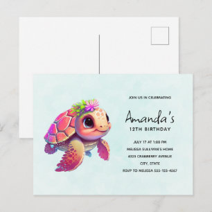 Invitation Carte Postale Tortue de mer rose Whimsical & mignon Anniversaire