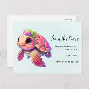Invitation Carte Postale Tortue de mer rose Whimsical & mignonne Enregistre