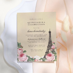 Invitation Carte Postale Tour Eiffel Floral Paris Thématique Quinceañera
