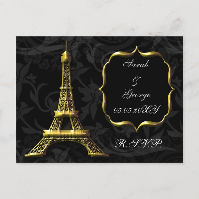 Invitation Carte Postale Tour Eiffel Or Mariage Français rsvp (Devant)