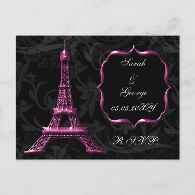 Invitation Carte Postale tour Eiffel rose Mariage français rsvp (Devant)