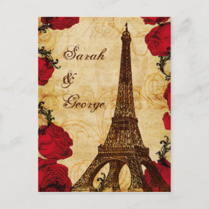 Invitation Carte Postale tour vintage rouge eiffel Paris mariage rsvp