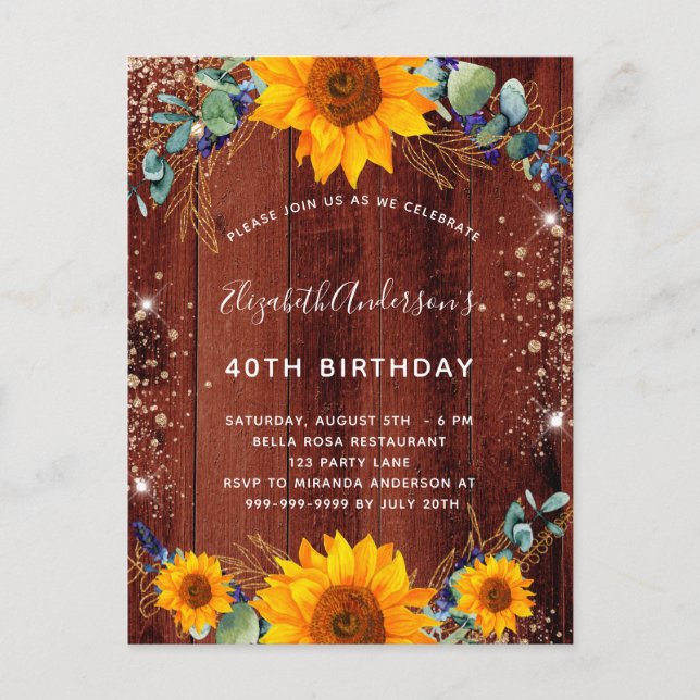 Invitation Carte Postale Tournesol d'anniversaire eucalyptus bois brun rust (Devant)
