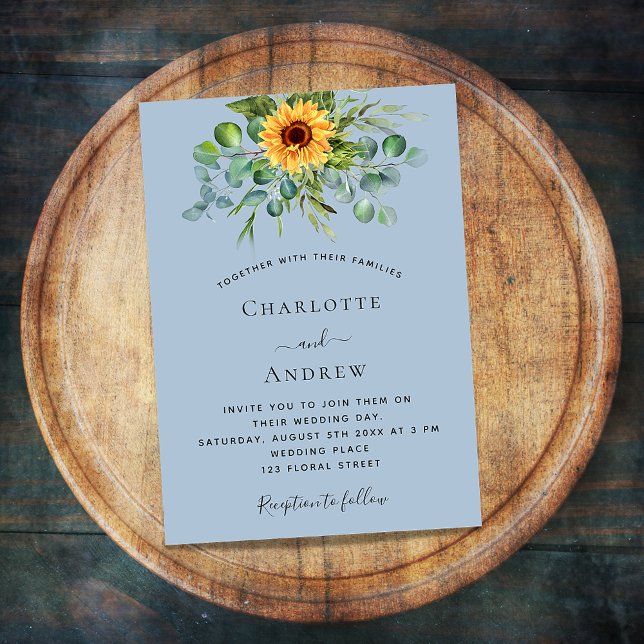 Invitation Carte Postale Tournesol eucalyptus verdure mariage bleu poussiér (Créateur téléchargé)