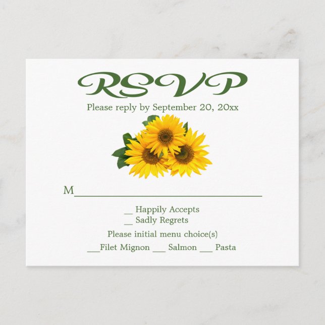Invitation Carte Postale Tournesol floral RSVP Green Jaune de mariage (Devant)