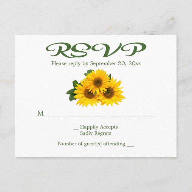 Invitation Carte Postale Tournesol jaune rustique RSVP Mariage vert floral (Devant)