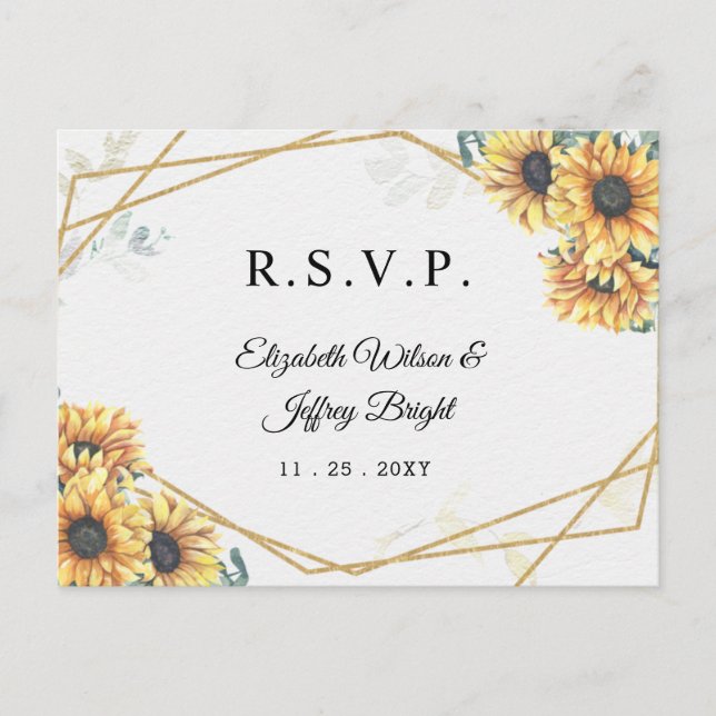 Invitation Carte Postale Tournesol Rustique Géométrique Mariage Or RSVP (Devant)