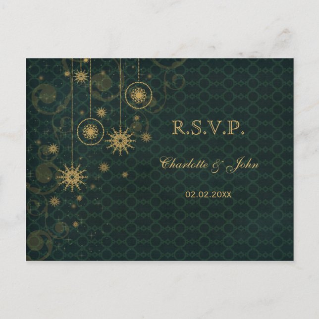 Invitation Carte Postale Tourteaux de neige rustiques en or vert Mariage d' (Devant)