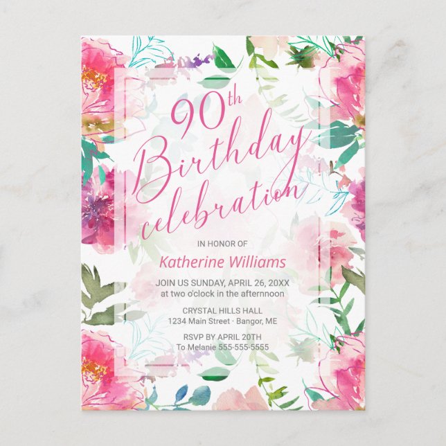 Invitation Carte Postale Tout âge Tropical Floral Peony rose 90e anniversai (Devant)