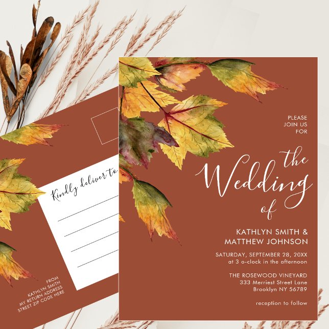 Invitation Carte Postale Tout en un Élégant Brown Autumn Foliage Mariage (Créateur téléchargé)