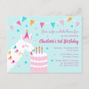 Invitation Carte Postale Tout Llama Fun Cake 3ème Anniversaire Aqua