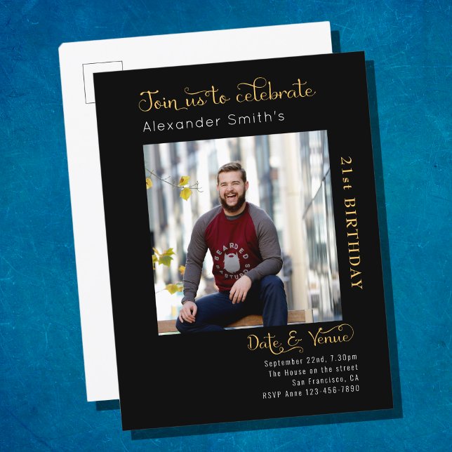 Invitation Carte Postale Toute année Black Gold Photo Anniversaire (Créateur téléchargé)