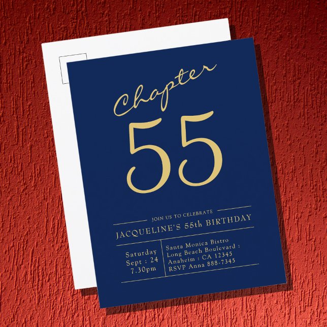 Invitation Carte Postale Toute année Blue Gold Script Anniversaire (Créateur téléchargé)