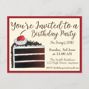 Invitation Carte Postale Tranche de gâteau forêt noire Fête d'anniversaire 