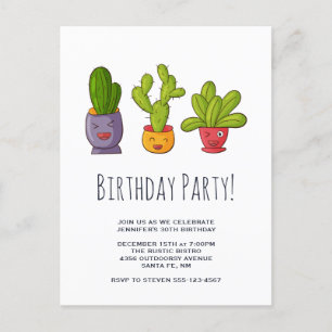 Invitation Carte Postale Trois mignons cactus dans des pots de fleurs Illus
