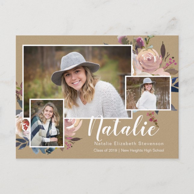 Invitation Carte Postale Trois Photo Floral Parti de Graduation Personnalis (Devant)