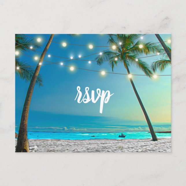 Invitation Carte Postale Tropical Beach Palms String Lights Adresse de reto (Devant)