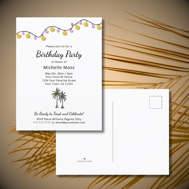 Invitation Carte Postale Tropical Birthday Party String Lights Palm Trees (Créateur téléchargé)