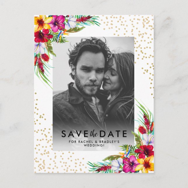 Invitation Carte Postale Tropical Floral Or Photo de Mariage à Sauvegarder  (Devant)