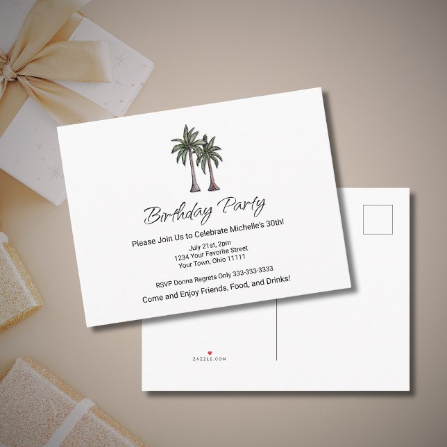 Invitation Carte Postale Tropical Palm Trees Beach 30th Birthday Party (Créateur téléchargé)