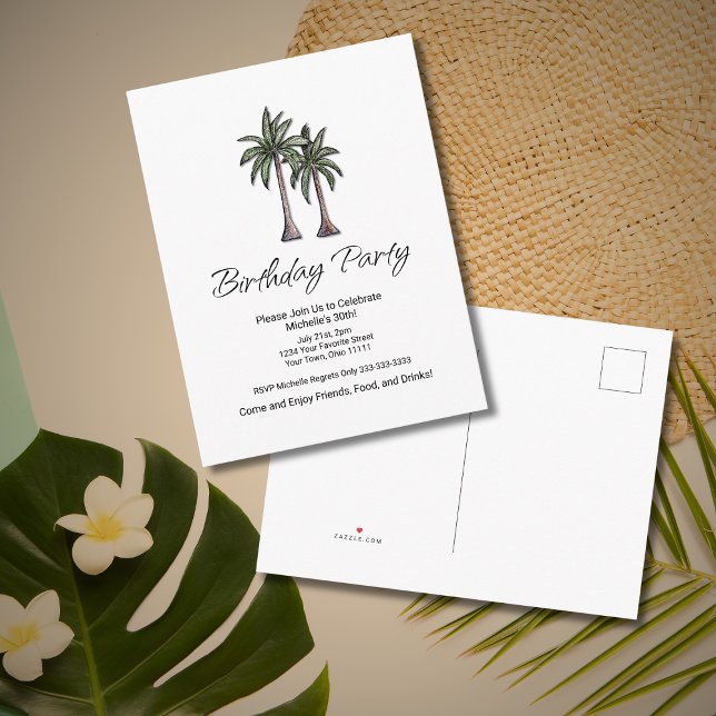 Invitation Carte Postale Tropical Palm Trees Elegant 30th Birthday Party (Créateur téléchargé)