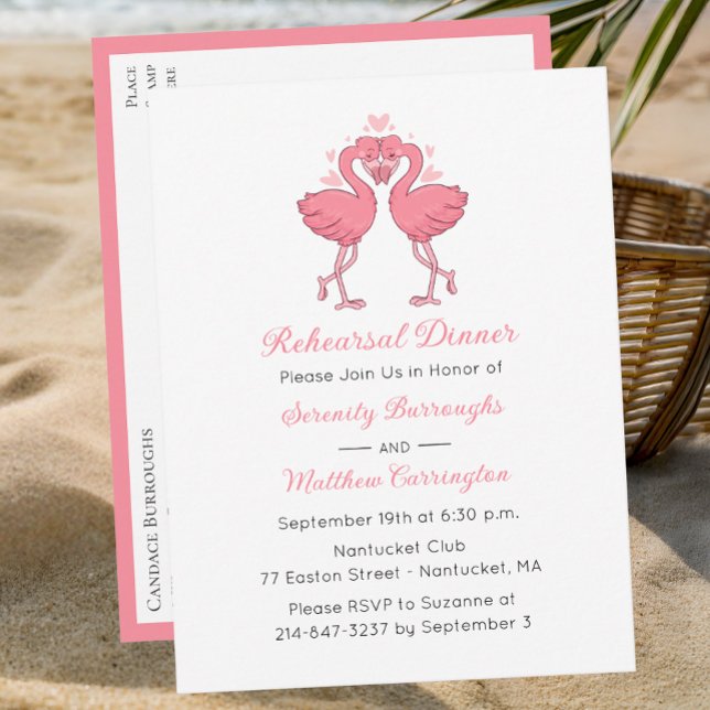 Invitation Carte Postale Tropical Pink Flamingo Beach Rehearsal Dinner (Créateur téléchargé)