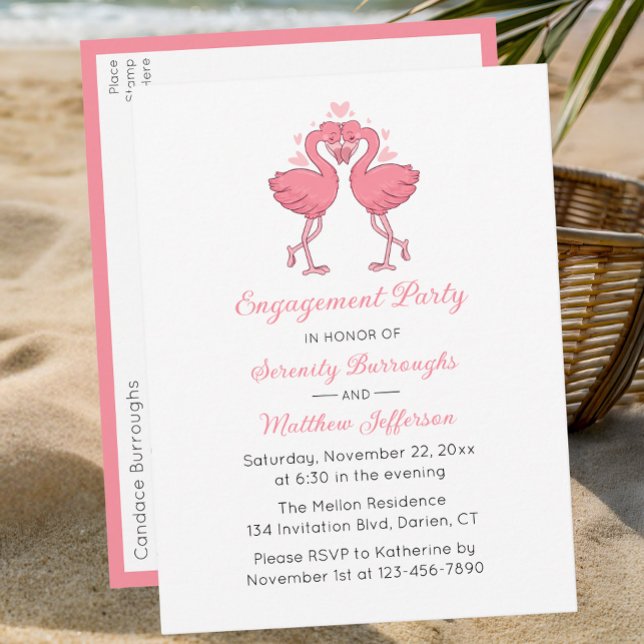 Invitation Carte Postale Tropical Pink Flamingo Hawaiian Engagement Party (Créateur téléchargé)