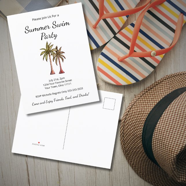 Invitation Carte Postale Tropical Summer Swim Pool Party Palm Trees (Créateur téléchargé)