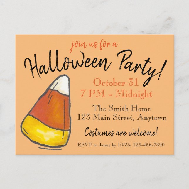 Invitation Carte Postale Trou ou traiter Halloween Party Candy Corn Candies (Devant)