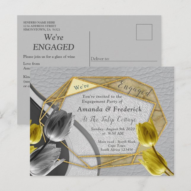 Invitation Carte Postale Tulipes gris et jaune sur la texture. (Devant / Derrière)