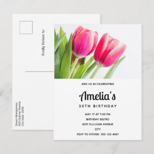 Invitation Carte Postale Tulipes roses avec Feuilles verts Photo Anniversai