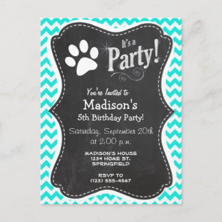 Invitation Carte Postale Turquoise, Aqua Color Chevron ; Empreinte de patte