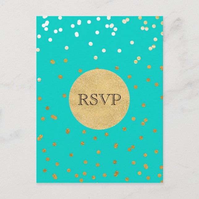 Invitation Carte Postale Turquoise Bleu & Or Confetti Brillants Points RSVP (Devant)