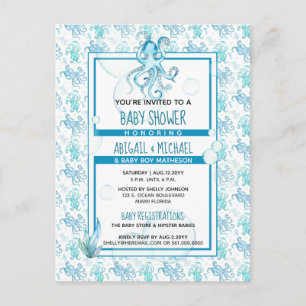 Invitation Carte Postale Turquoise Blue Octopus Baby shower Sea Life C'est 
