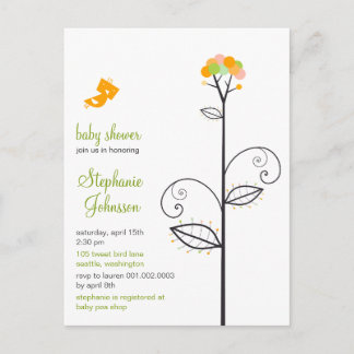 Invitation Carte Postale Tweeter Oiseau Fleur Jaune Points Arbre Baby showe