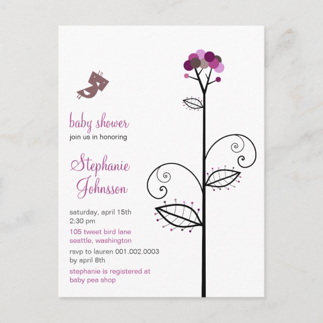 Invitation Carte Postale Tweeter Oiseau pourpre Fleur Pots Arbre Baby showe (Devant)