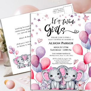 Invitation Carte Postale Twin Girls Baby Elephant Baby shower balloon rose