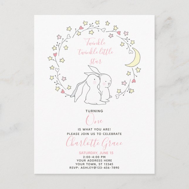 Invitation Carte Postale Twinkle Twinkle Little Star Bunny 1er anniversaire (Devant)