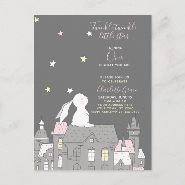 Invitation Carte Postale Twinkle Twinkle Little Star Bunny 1er anniversaire (Devant)