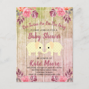Invitation Carte Postale Twins Baby shower Baby Elephants