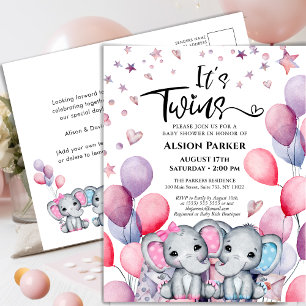 Invitation Carte Postale Twins Boy Girl Elephant Balloons mignon Baby showe
