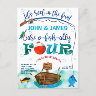 Invitation Carte Postale Twins O-fish-ally pêche thème 4ème anniversaire